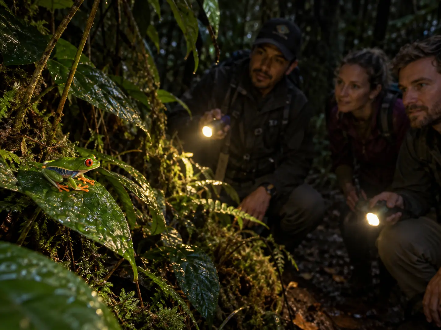 Travelers observing a red-eyed tree frog during a Costa Rica night walk